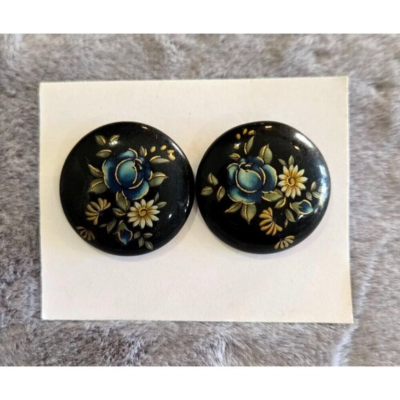 Vintage Black Enamel Floral Earrings 1" Round Hand Painted Wood Stud Post - Picture 6 of 8